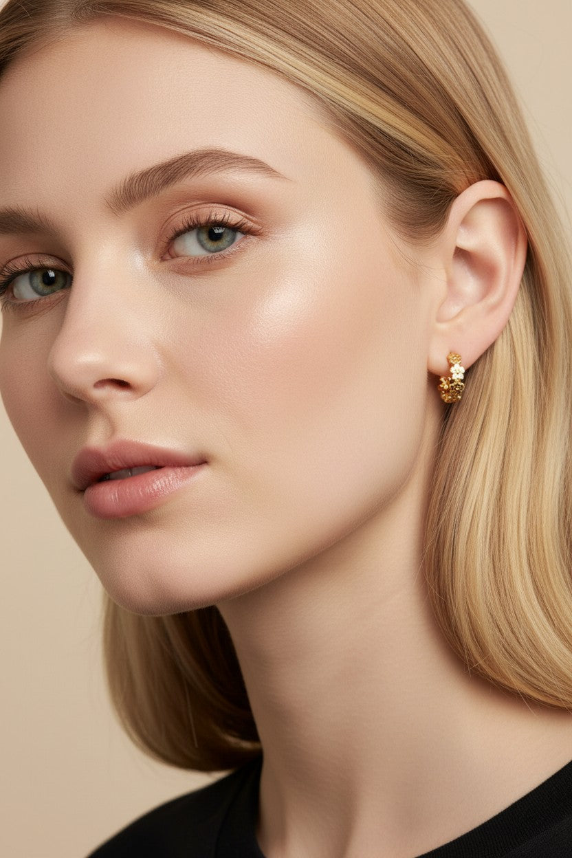Flower Huggie Hoop Earrings for Women - Small Gold Hoops