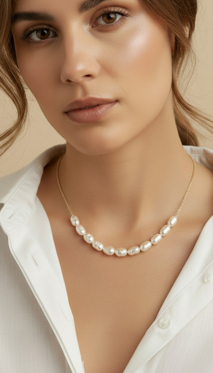 ๐ค 18k Gold Filled Baroque Pearl Necklace โ The Spaced Pearl Design. Closer to the Collarbone.