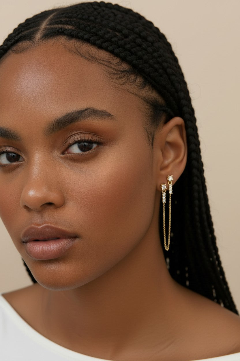 ✨ 18k Gold Filled CZ Double Piercing Chain Earrings — Two Studs. One Chain. The Ear Stack Elevated.