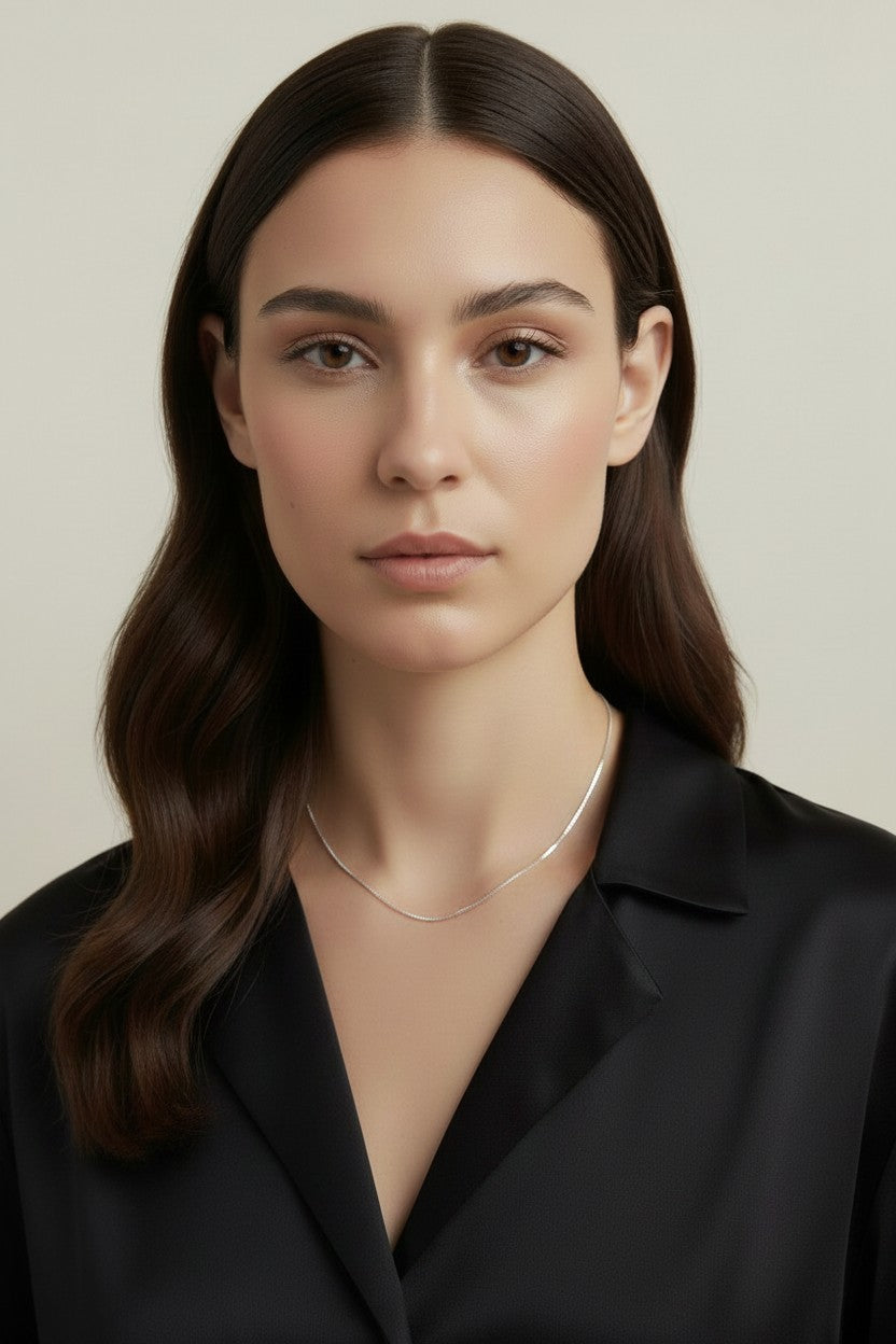 Sterling Silver 0.8mm Box Chain Necklace — Fine Enough to Feel Effortless. Present Enough to Be Seen.