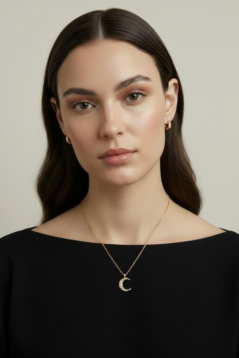 🌙 18k Gold Filled Hammered Crescent Moon CZ Necklace — Celestial Beauty, Textured in Gold.