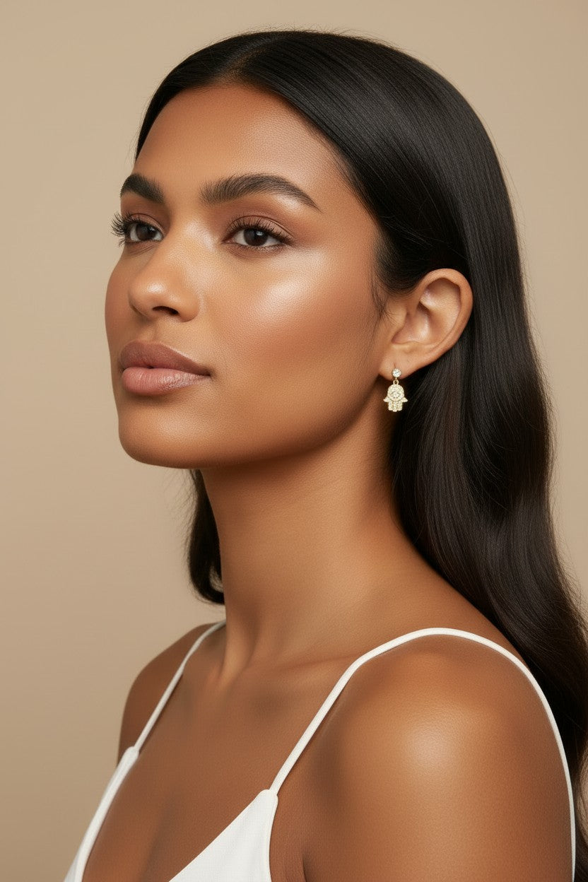 18k Gold Filled CZ Hamsa Drop Earrings — Protection Above. Sparkle Below.
