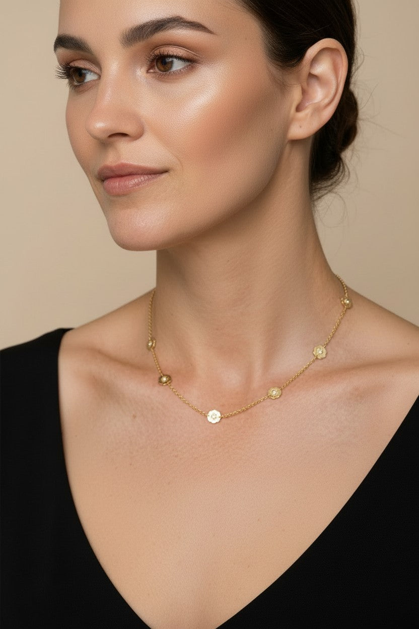 🌸 18k Gold Filled CZ Flower Charm Necklace — A Garden at the Collarbone. One Tiny Spark per Bloom.
