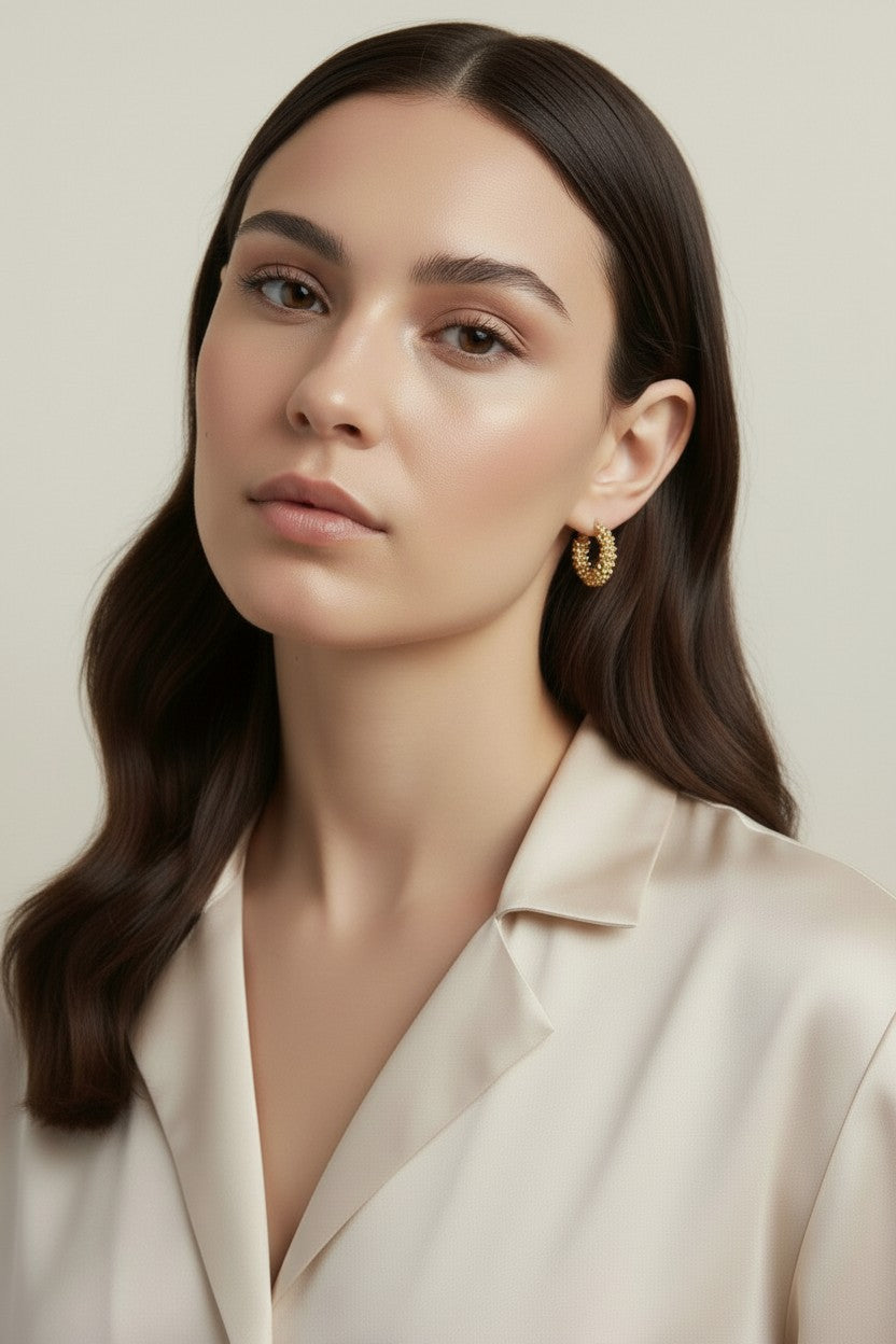 Beaded Cluster Hoop Earrings | Textured Hoop Earrings for Women | Medium Hoop Earrings 25mm | Handcrafted Gold Hoops