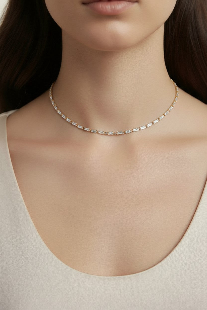 Baguette CZ Tennis Necklace 18K Gold Filled - Cubic Zirconia Chain for Women