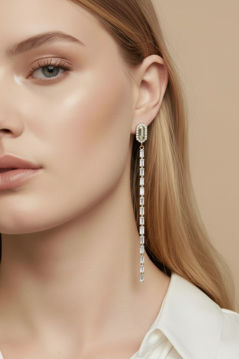 18k Gold Filled Baguette CZ Long Drop Earrings — Three Inches of Pure, Unforgettable Sparkle