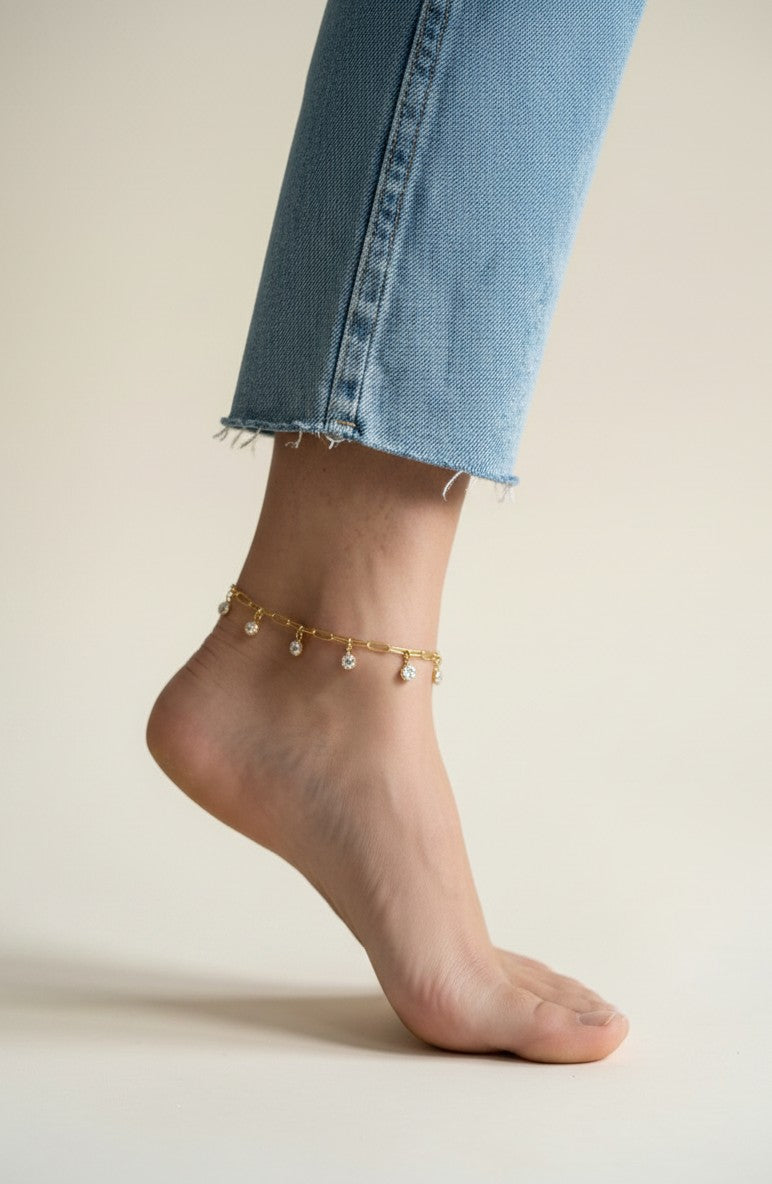 18k Gold Filled Paperclip Chain with Bezel CZ Drops Anklet