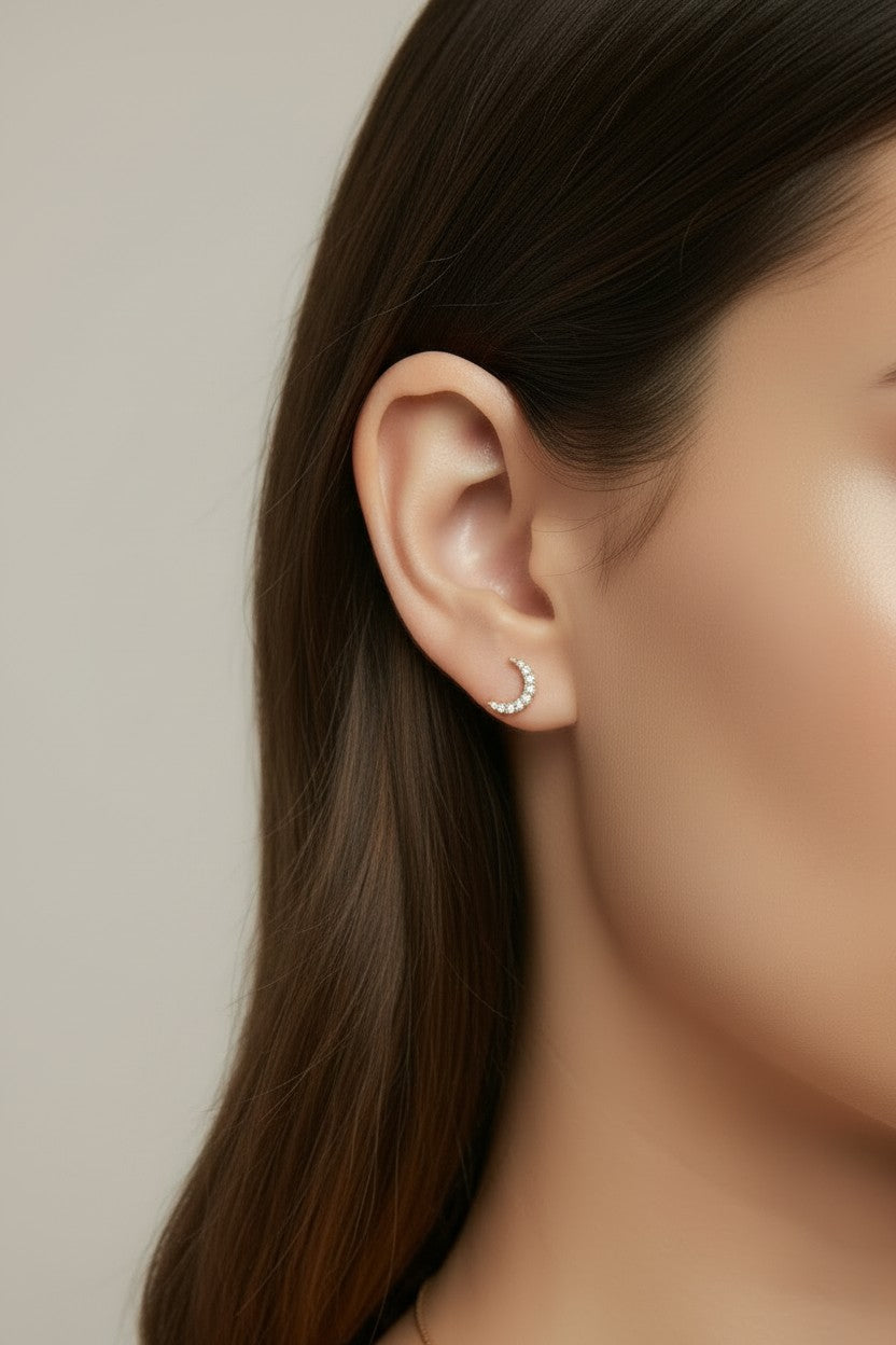 🌙 18k Gold Filled CZ Crescent Moon Stud Earrings — The Moon, Covered in Stars.