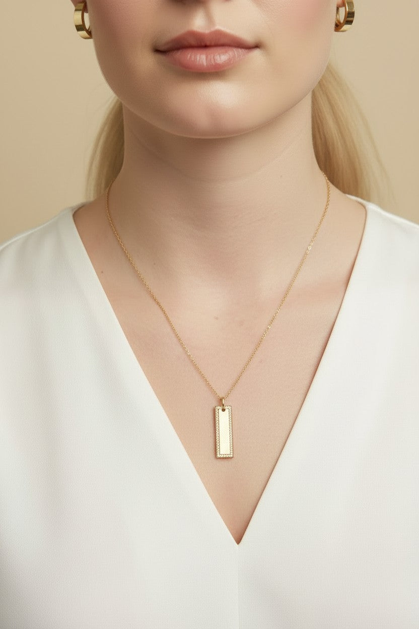 ✨ 18k Gold Filled CZ Bar Pendant — A Wide Bar. A Single Sparkling Edge. Understated Glamour.