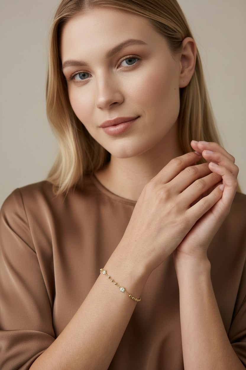 ✨ 18k Gold Filled Bead & CZ Bracelet — Warm Gold. Quiet Sparkle. The Wrist's Perfect Companion.