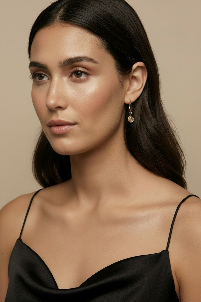 18k Gold Filled Saint Benedict C-Hoop Earrings โ Faith, Worn With an Edge