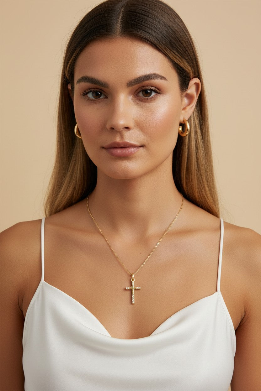✝️ 18k Gold Filled CZ Cross Pendant — Four Points. Four Stones. Faith That Catches the Light.