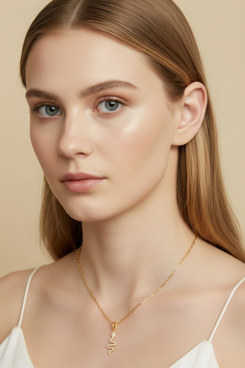 🐍 18k Gold Filled Micro Pavé Serpent Pendant — Transformation, Set in Continuous Crystal Light.