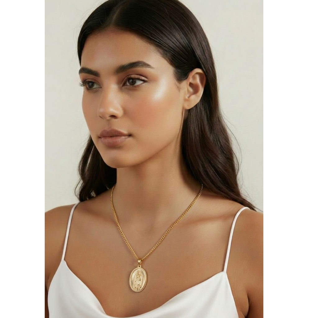 18k Gold Filled Hollowed Oval Lady of Guadalupe Pendant Featuring Rose Gold Detail, Stainless Steel Plate, Wholesale Jewelry Making Supplies