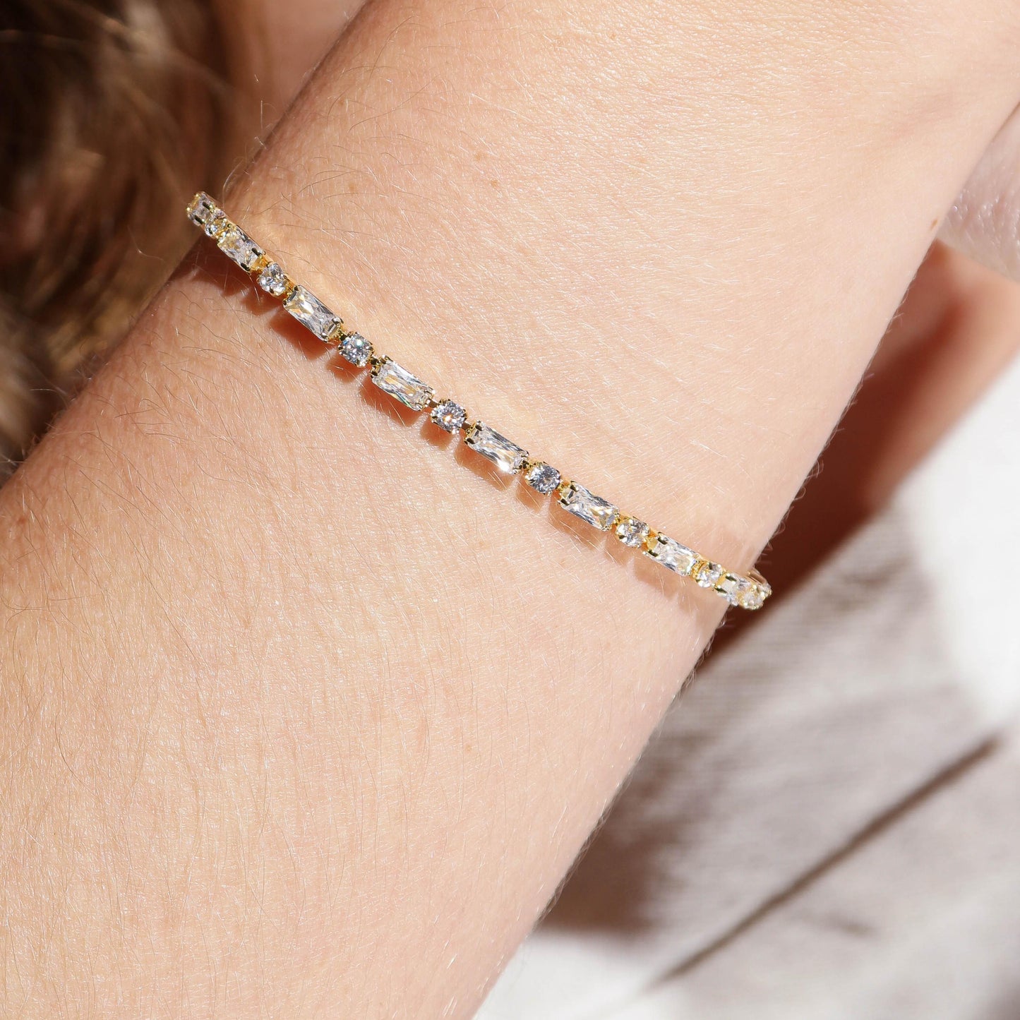 18K Gold Filled Tennis Bracelet with Baguette Round CZ - Delicate Cubic Zirconia Bracelet