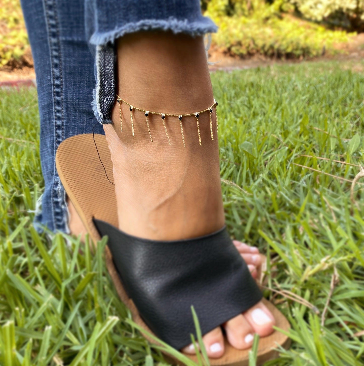 GoldFi 18k Gold Filled Fringed Box Chain Anklet Featuring Details Of Micro Zirconia Available In Multicolor, Black or Clear