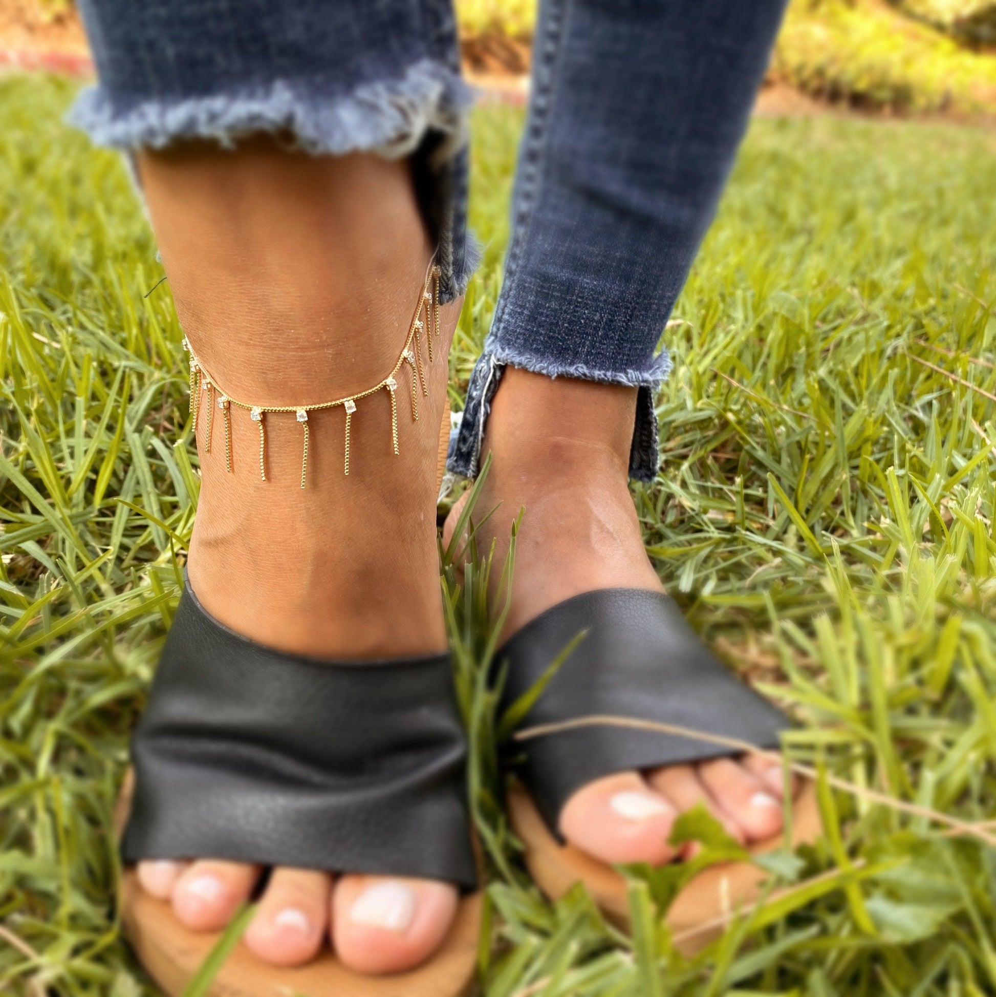 GoldFi 18k Gold Filled Fringed Box Chain Anklet Featuring Details Of Micro Zirconia Available In Multicolor, Black or Clear