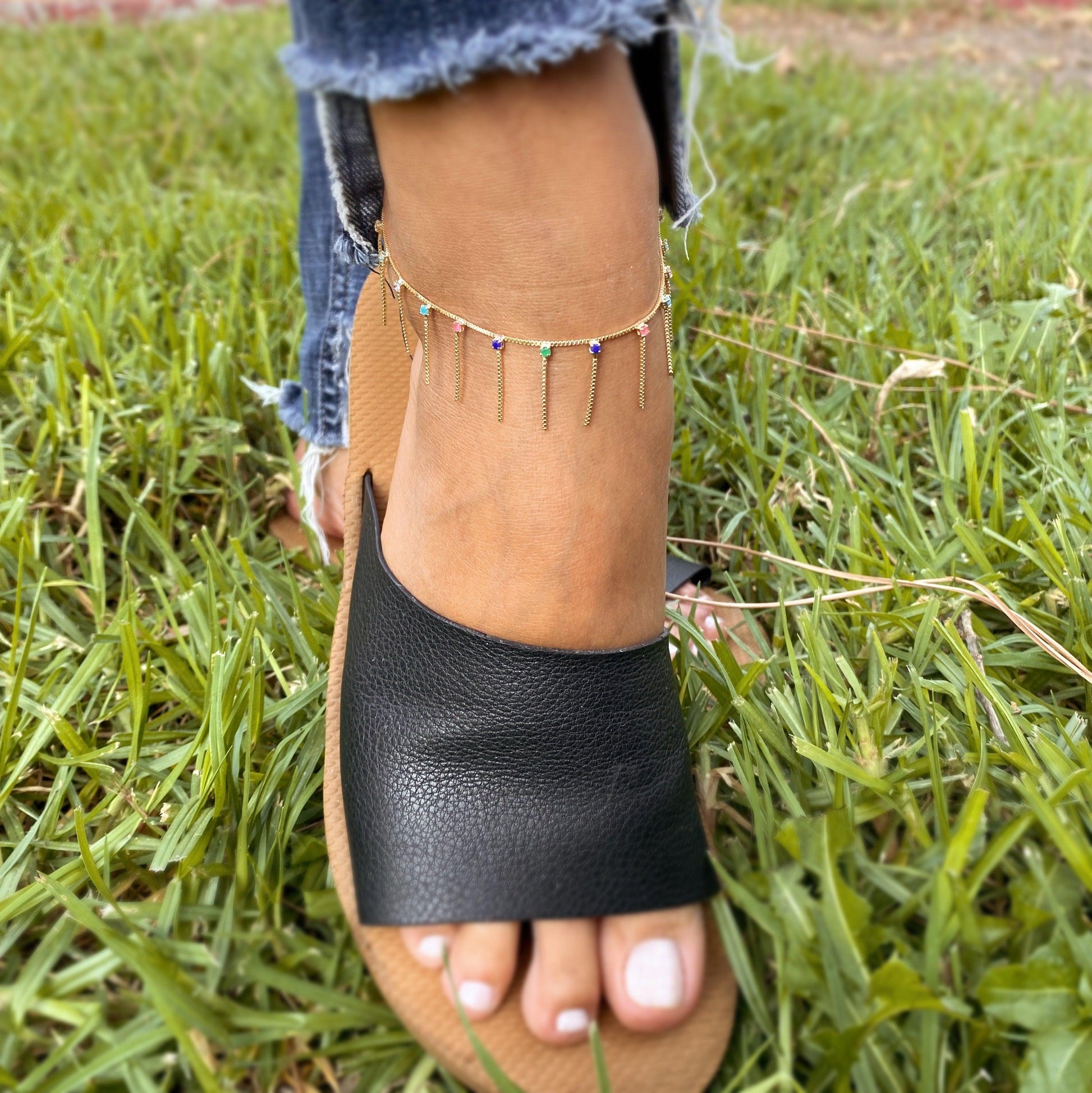GoldFi 18k Gold Filled Fringed Box Chain Anklet Featuring Details Of Micro Zirconia Available In Multicolor, Black or Clear