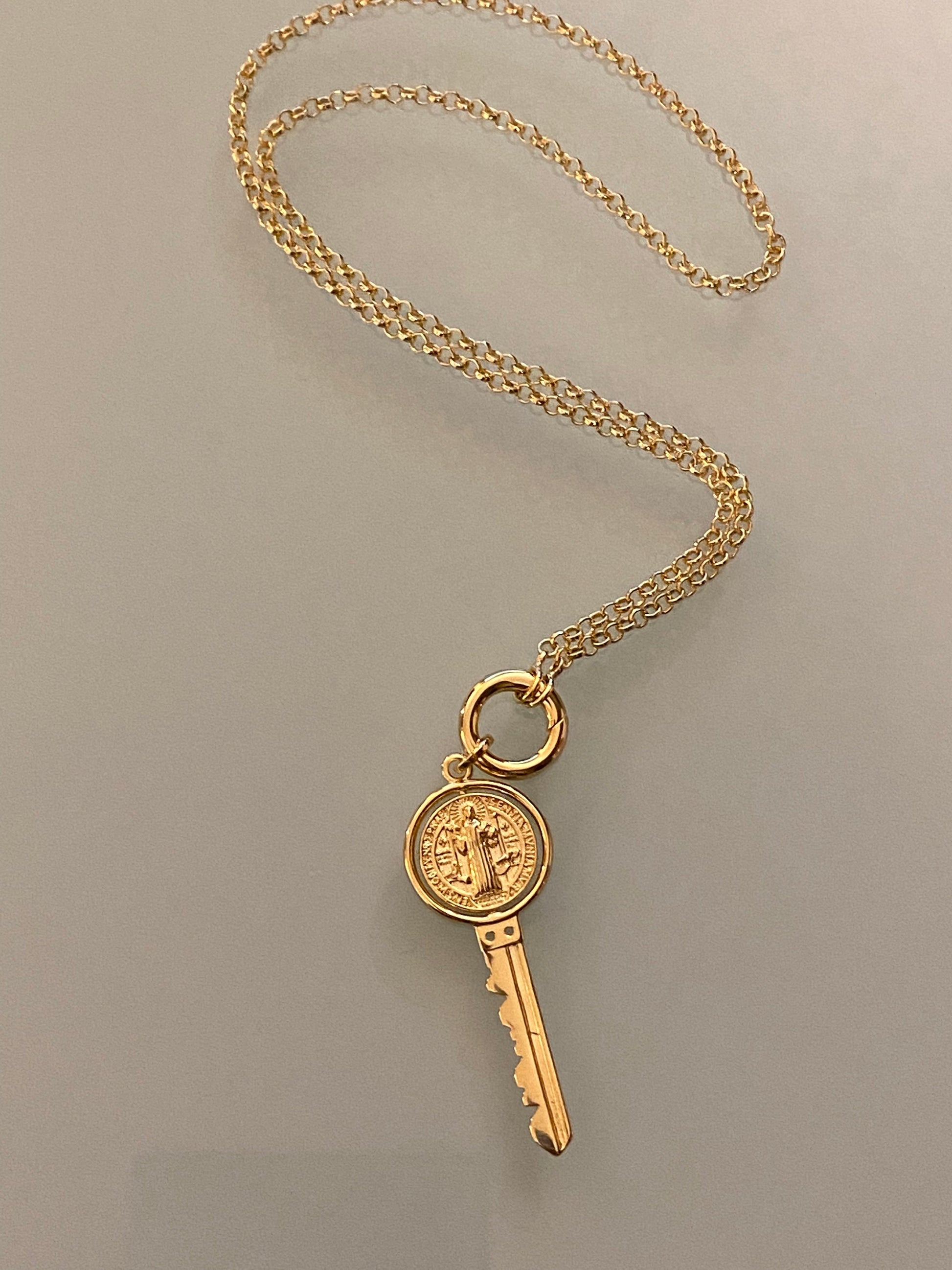 GoldFi 18k Gold Filled Key Pendant Featuring Swivel Medal Of St. Benedict