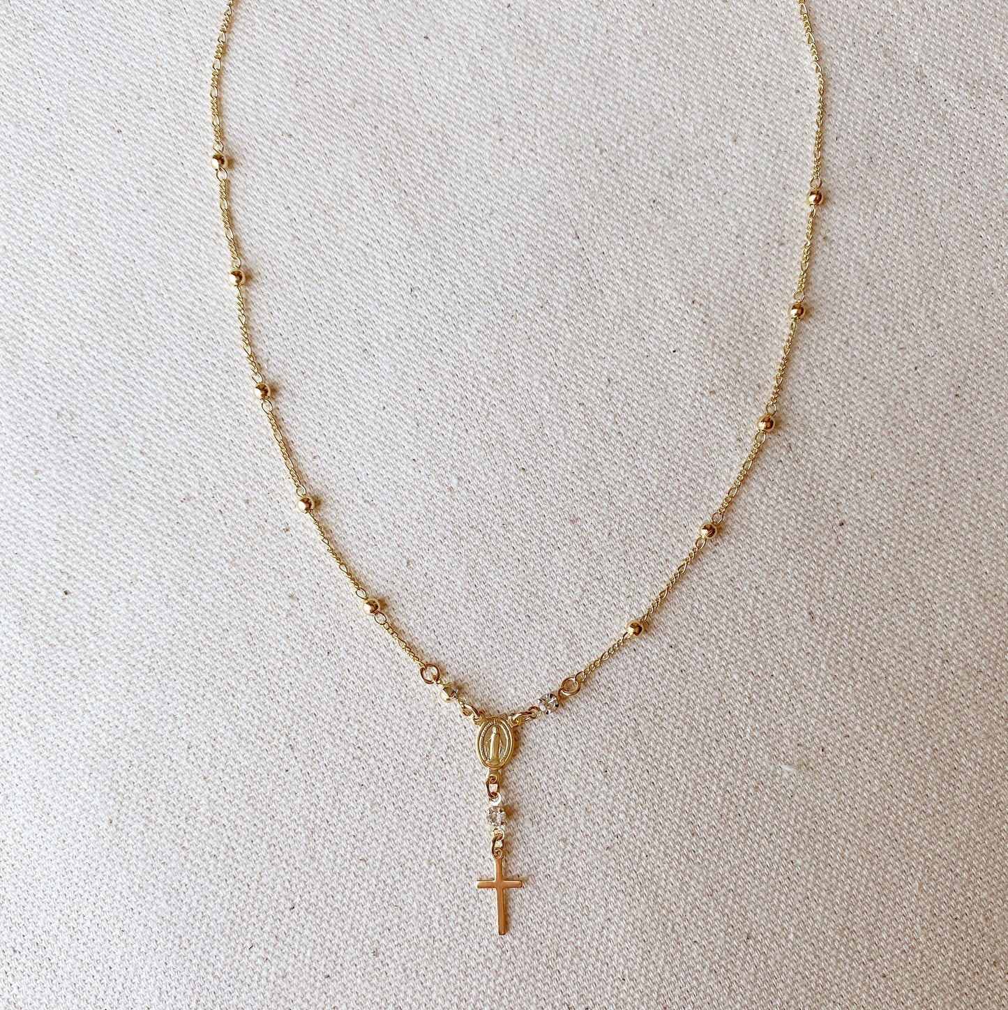 GoldFi 18k Gold Filled Our Lady of Graces Rosary Ball Chain and Small Plain Cross