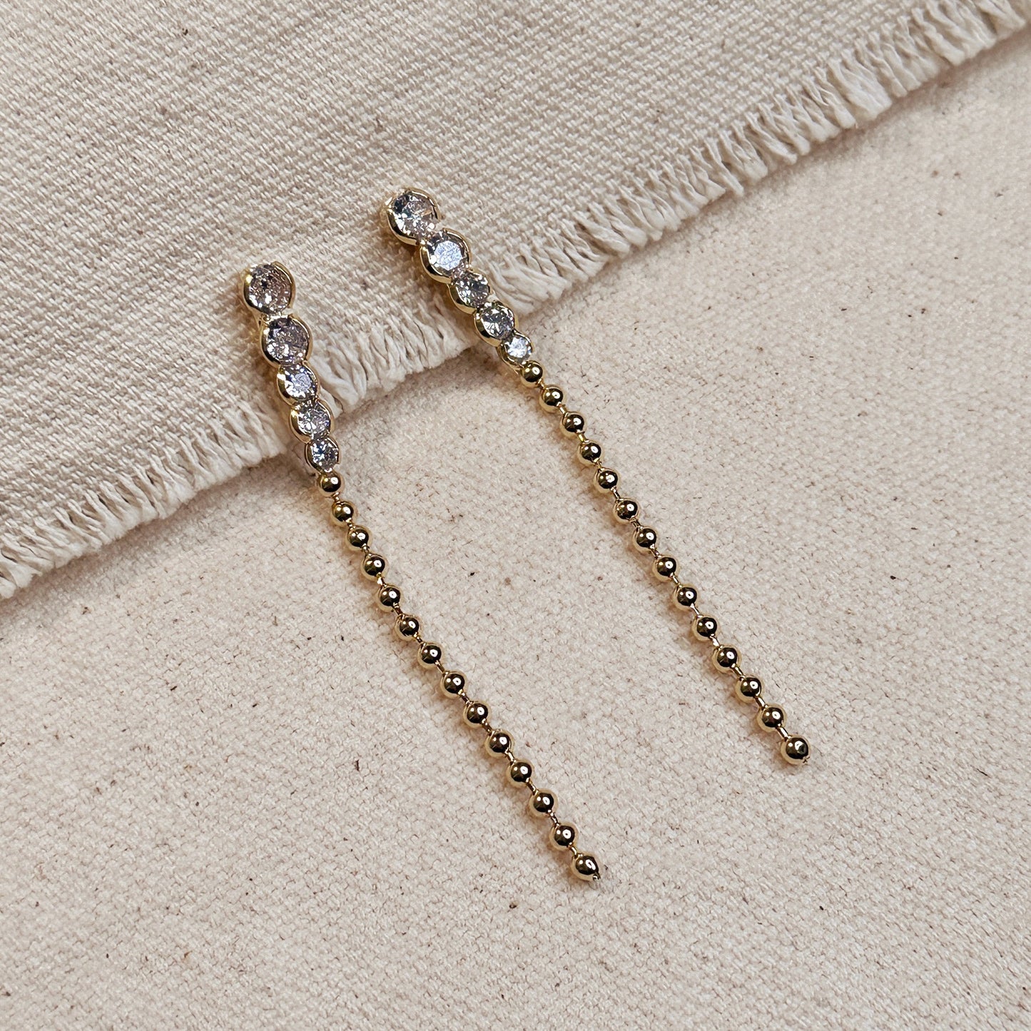 Long Gold Drop Earrings - CZ and Bead Gradient Earrings - Water Resistant Dangle Earrings