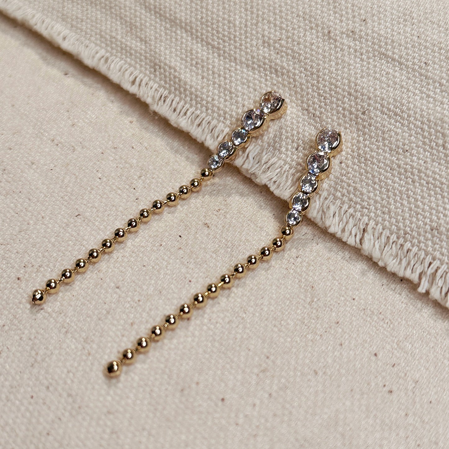 Long Gold Drop Earrings - CZ and Bead Gradient Earrings - Water Resistant Dangle Earrings