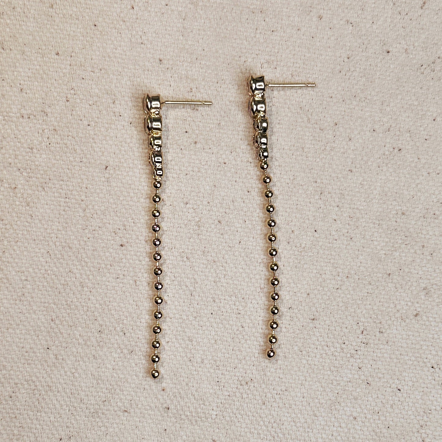 Long Gold Drop Earrings - CZ and Bead Gradient Earrings - Water Resistant Dangle Earrings