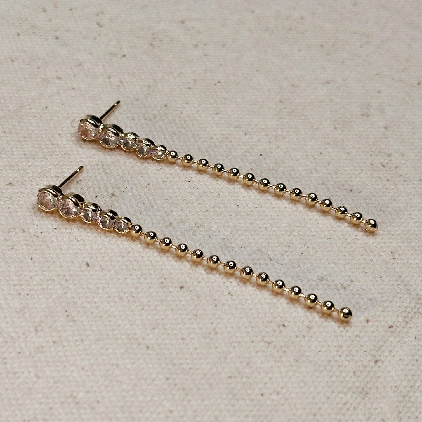 Long Gold Drop Earrings - CZ and Bead Gradient Earrings - Water Resistant Dangle Earrings