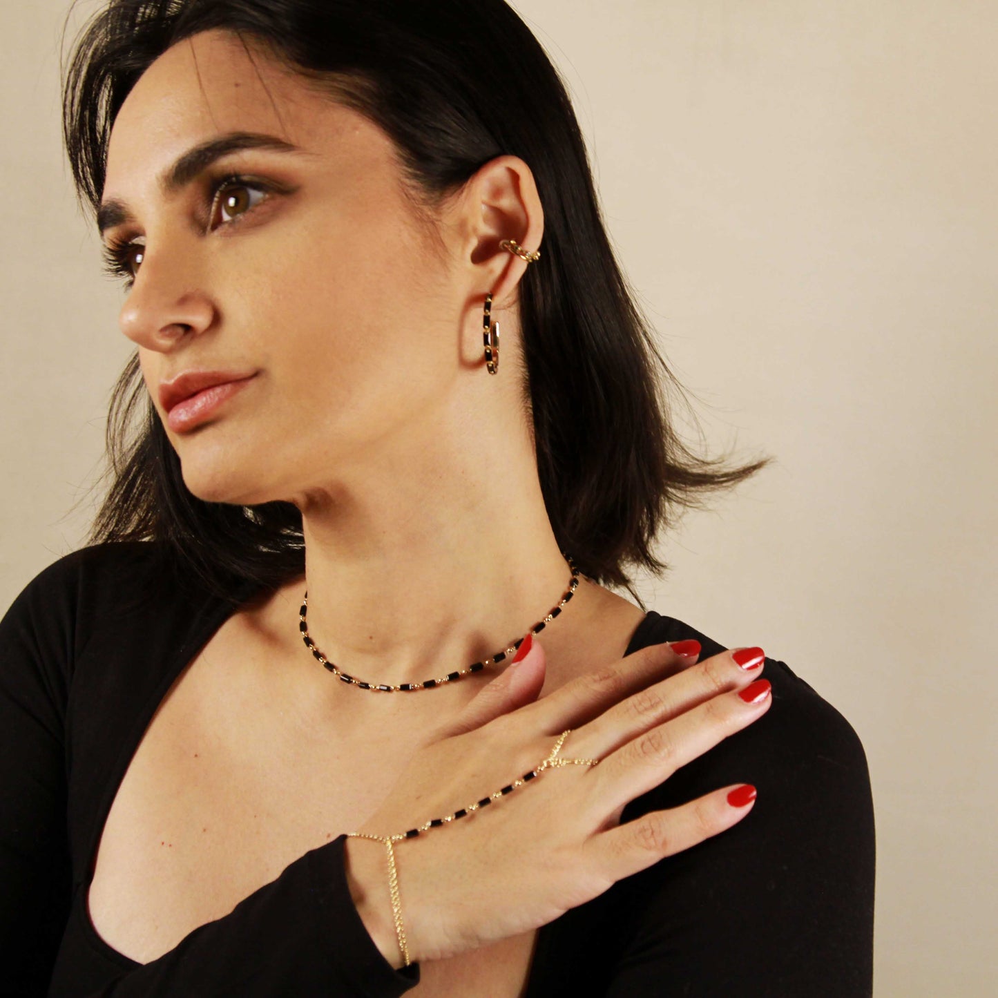 Hand Chain Bracelet | Black Crystal Jewelry | Boho Hand Jewelry