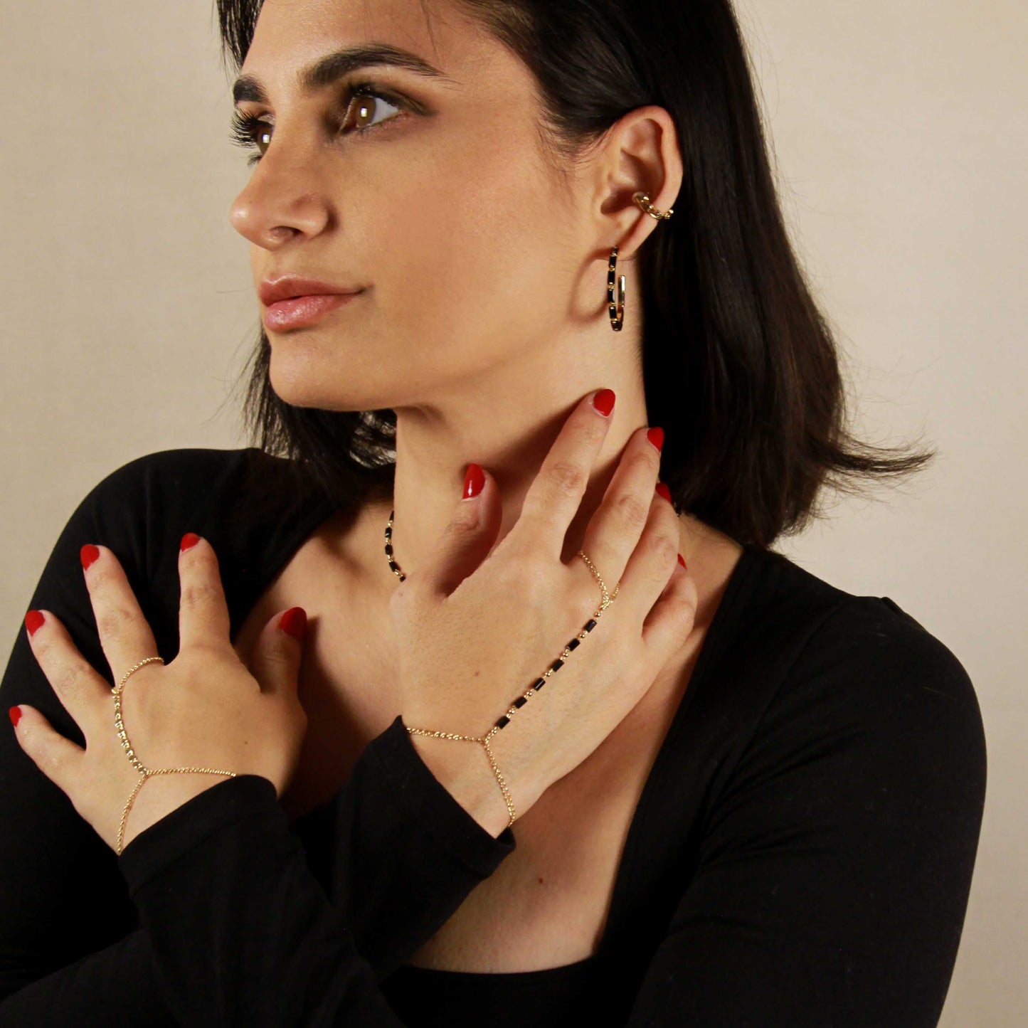Hand Chain Bracelet | Black Crystal Jewelry | Boho Hand Jewelry