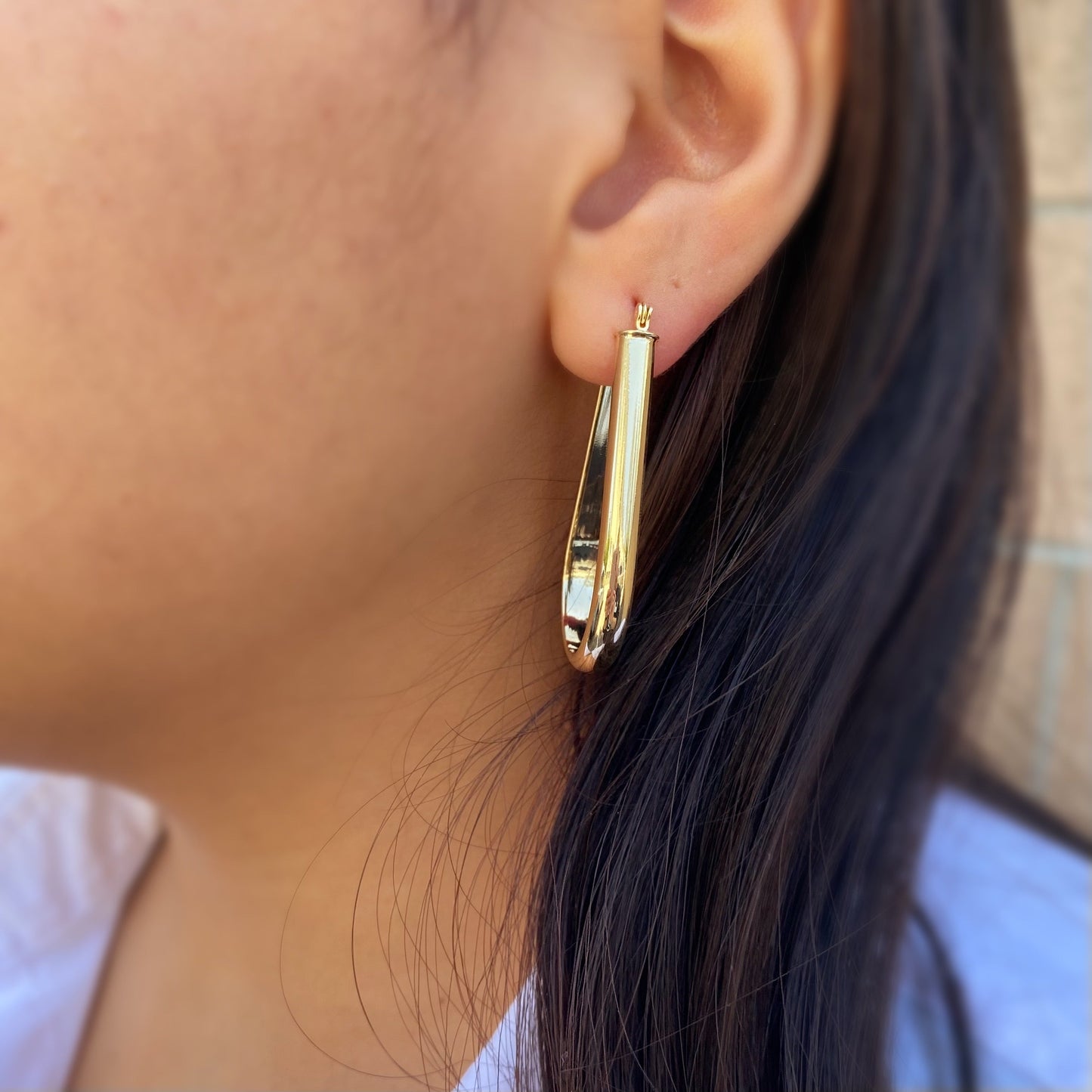 18k Gold Filled long Drop Shaped Hoop Earrings