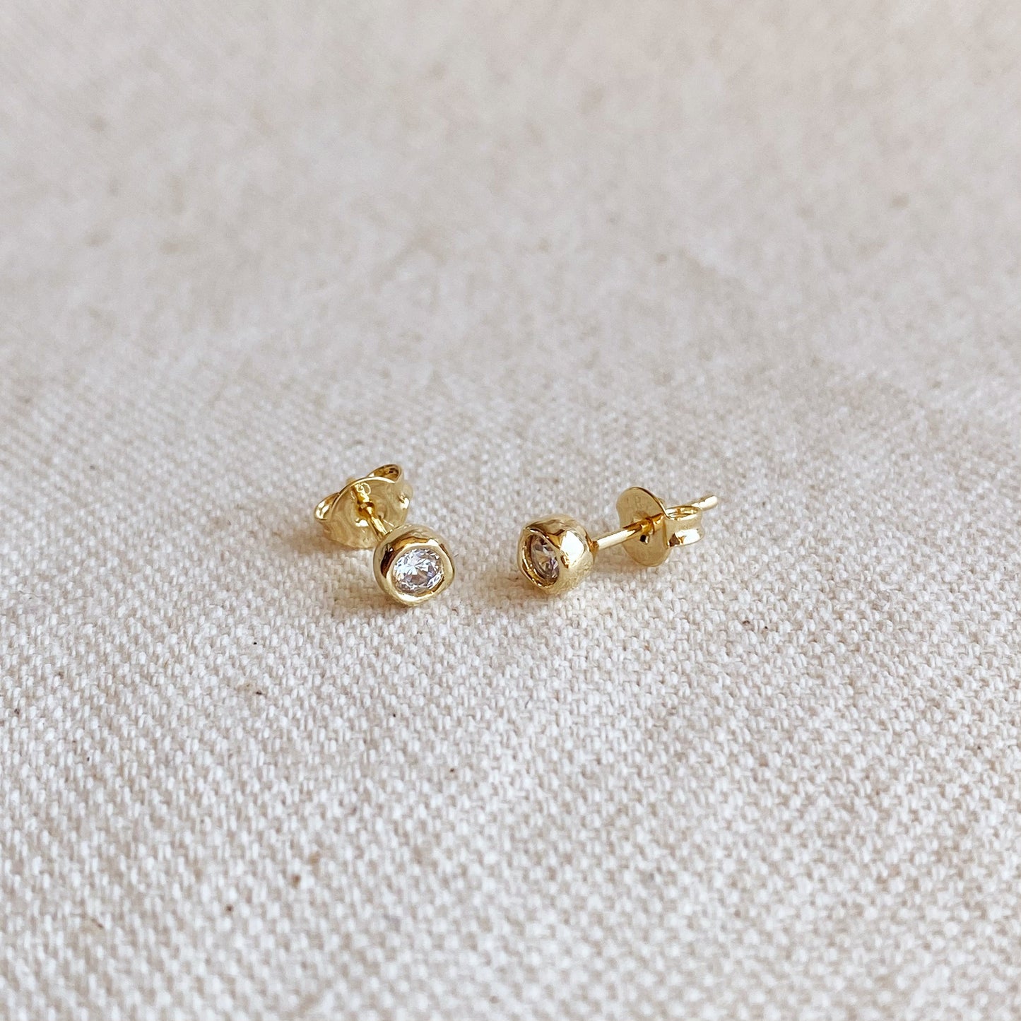 Delicate 18k Gold Filled Bezel CZ Stud Earrings - Dainty Round Diamond Look Studs