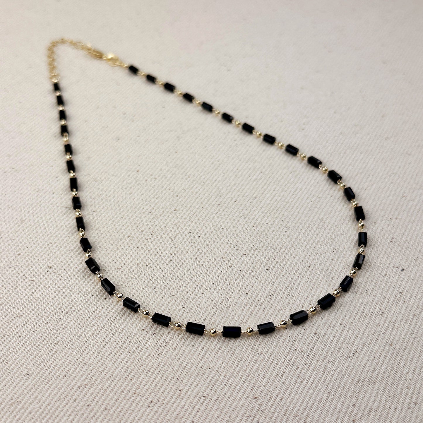 18k Gold Filled 2 mm Black Baguette & Beads Necklace