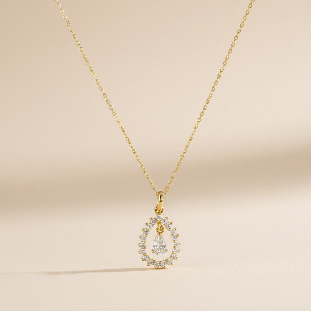 18k Gold Filled Pear Halo CZ Necklace — The Pendant That Looks Like Fine Jewelry