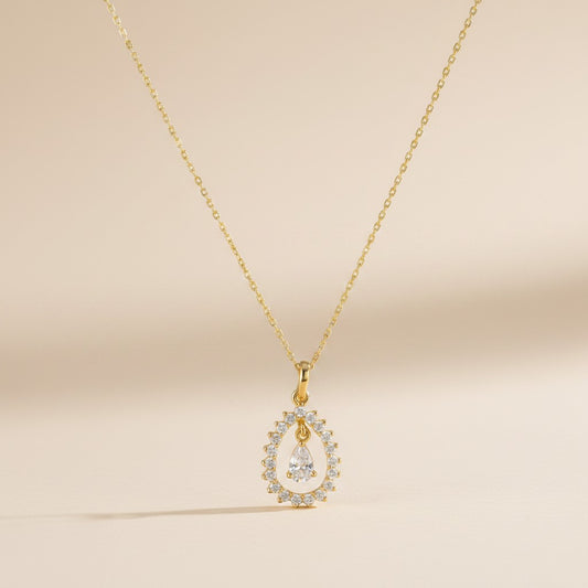 18k Gold Filled Pear Halo CZ Necklace — The Pendant That Looks Like Fine Jewelry