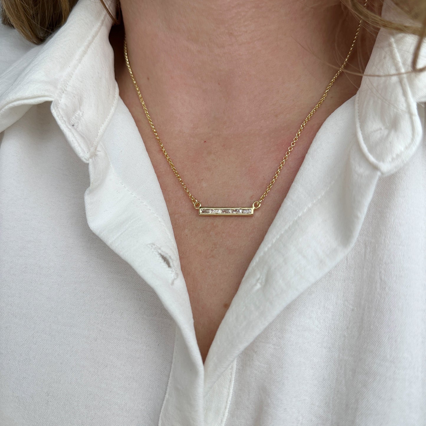 18k Gold Filled CZ Bar Necklace