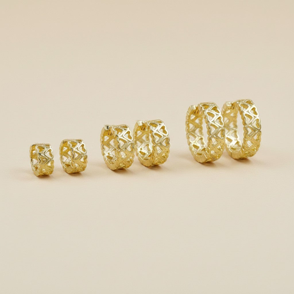 💛 18k Gold Filled Double Heart Huggie Hoop Earrings — Love, Cut Right Through the Gold. Three Sizes.