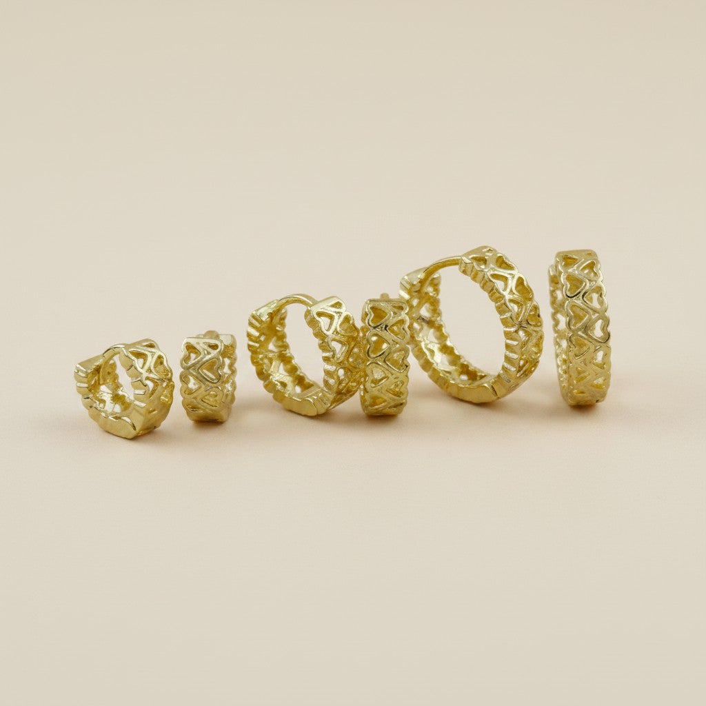 💛 18k Gold Filled Double Heart Huggie Hoop Earrings — Love, Cut Right Through the Gold. Three Sizes.