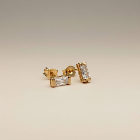 Baguette Stud Earrings - Minimalist CZ Diamond Studs for Women | Dainty