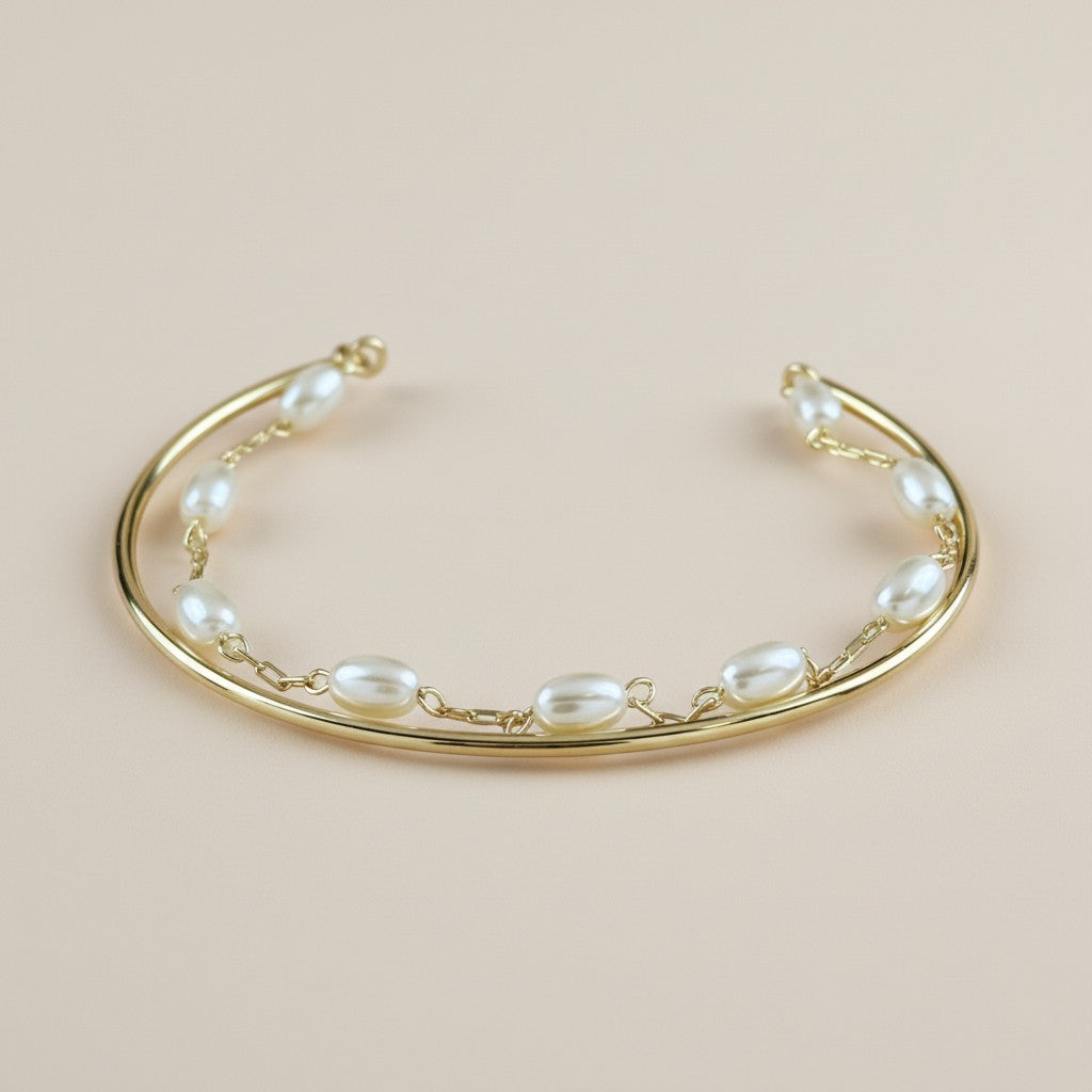 Pearl Cuff Bracelet for Women - Twisted Open Bangle with Elliptical Pearls