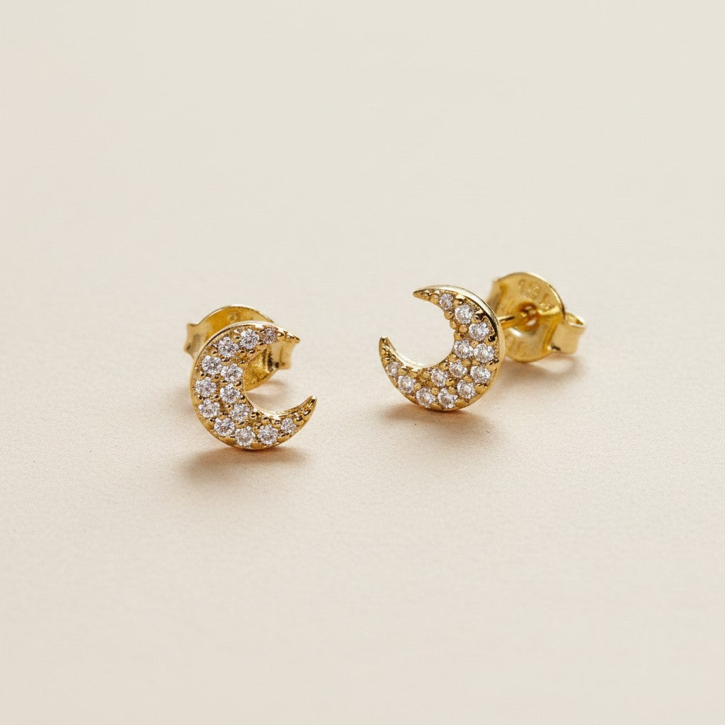 🌙 18k Gold Filled CZ Crescent Moon Stud Earrings — The Moon at the Ear. Sparkling Always