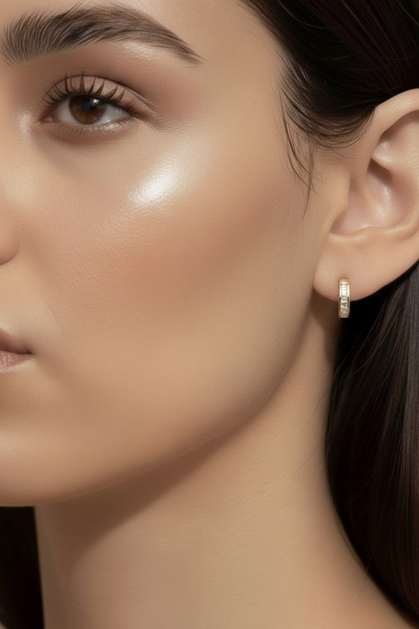 CZ Line Clicker Hoop Earrings - Small Crystal Huggie Hoops 12mm | Sparkly Minimalist Earrings for Women | Hypoallergenic