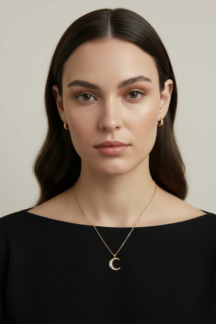 🌙 18k Gold Filled Hammered Crescent Moon CZ Necklace — Celestial Beauty, Textured in Gold.