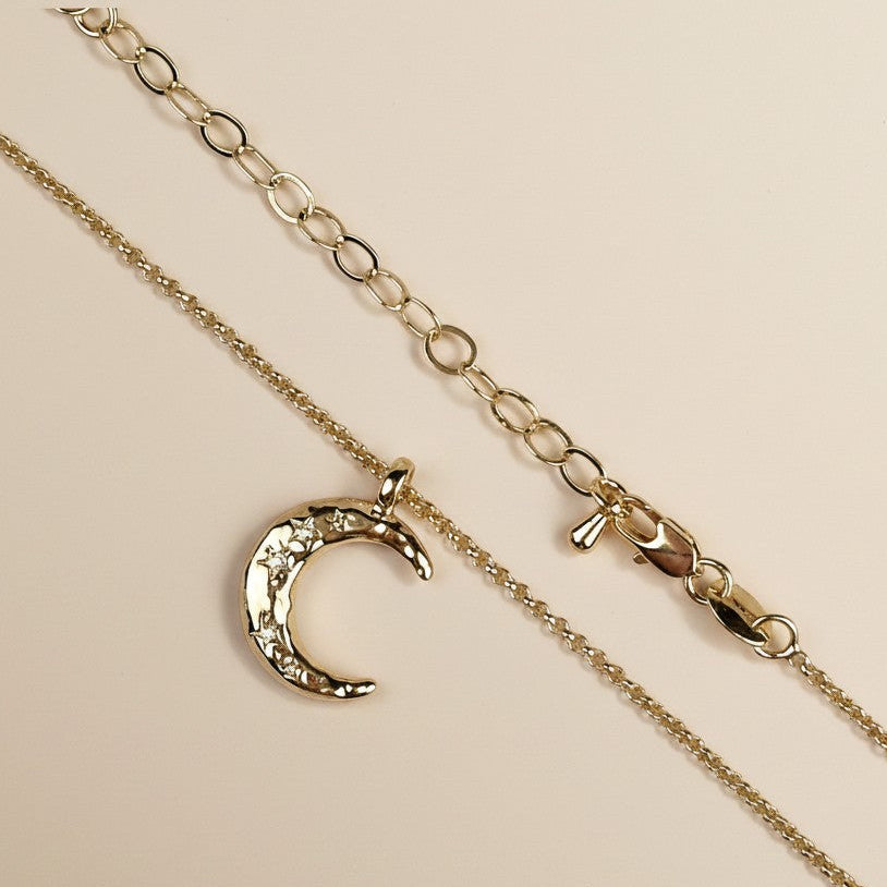 🌙 18k Gold Filled Hammered Crescent Moon CZ Necklace — Celestial Beauty, Textured in Gold.