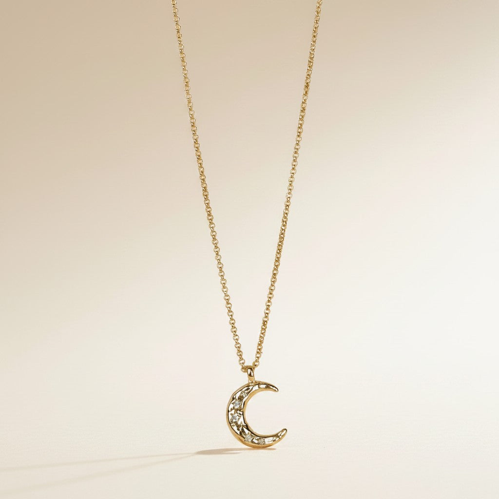 🌙 18k Gold Filled Hammered Crescent Moon CZ Necklace — Celestial Beauty, Textured in Gold.