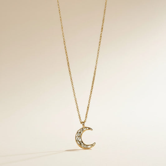 🌙 18k Gold Filled Hammered Crescent Moon CZ Necklace — Celestial Beauty, Textured in Gold.