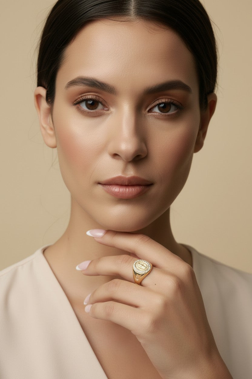 18k Gold Filled Our Lady of Grace CZ Signet Ring — Wear Her Protection. Every Day.