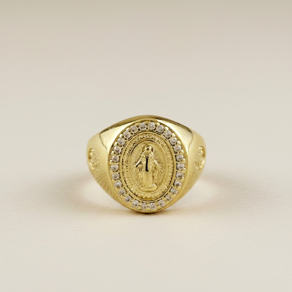 18k Gold Filled Our Lady of Grace CZ Signet Ring — Wear Her Protection. Every Day.