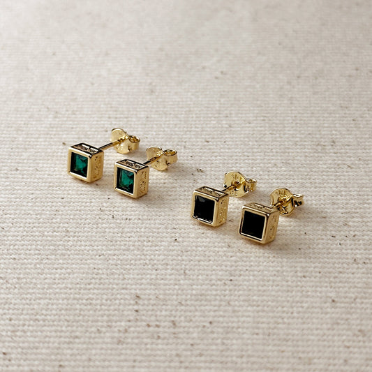 18k Gold Filled Colored Square Stud Earring With Detailed Bezel