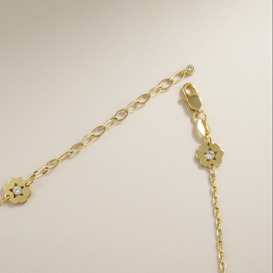 🌸 18k Gold Filled CZ Flower Charm Necklace — A Garden at the Collarbone. One Tiny Spark per Bloom.